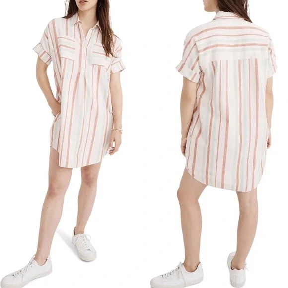 Madewell Courier Stripe Linen Cotton cream multicolor shirt dress Popover Medium - Picture 1 of 8